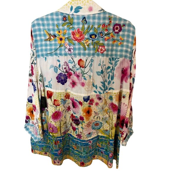 New John Mark Womens Medium Hummingbird Floral Lagenlook Button-Up Shirt Artsy - Picture 2 of 14